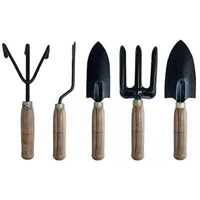 Global Nature Agro Garden Tool Combo of Big & Small Trowel, Hand Weeder, Fork, Cultivator, Powder Coated & Wooden Handle