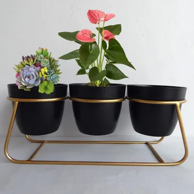 Ecofynd 5 Inch Black Metal Planter, 3 Pot Set with Stand, Modern Style Planter Set for Home Decoration
