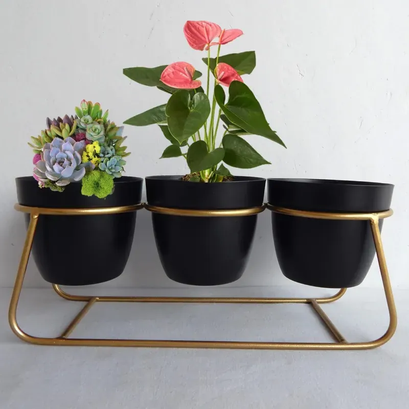 Ecofynd 5 Inch Black Metal Planter, 3 Pot Set with Stand, Modern Style Planter Set for Home Decoration