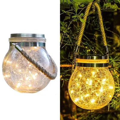 Giga Watts GW-506 Solar Light 2 V Panel 30 LED Hanging Lantern IP65 Crackle Glass Globe Jar Lamp for Garden (Warm White)