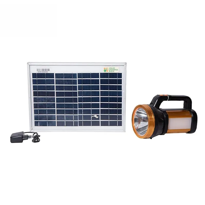 Solar Universe India The Solar Universe India Solar Torch/Emergency Light equipped with an inbuilt Li-ON battery and an external solar panel, providing a reliable and versatile lighting solution
