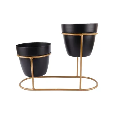 Ecofynd Stylish, Contemporary Black Metal Planter Pots with Golden Stand (2 Piece Set)