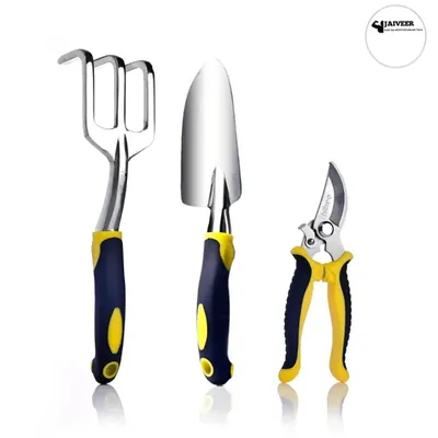 Jaiveer Combo of 3 Garden Tools, Stainless Steel Hand Pruner, Cast Aluminum Hand Rake and Trowel