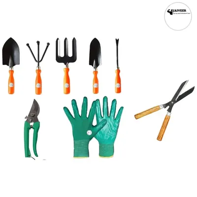 Jaiveer Garden Tools, Trowel, Transplanter, Garden Fork, Cultivator, Weeder, Pruner, Hedge Shear and Garden Gloves (Pack of 8)