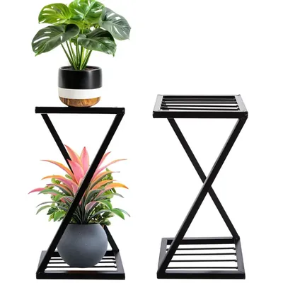 Heavy Duty Z-Shape 2-Tiers Pots Stand, Anti-Rust Metal Flower Pot Holder, For Balcony, Living Room & Home Decoration (Pack-Pack of 2)