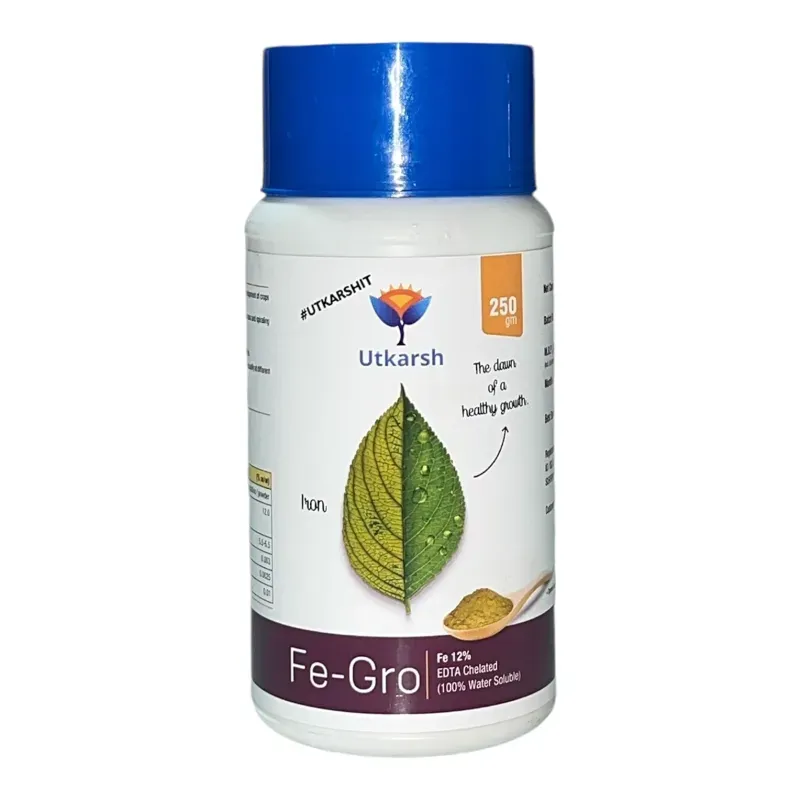 Utkarsh FeGro (Iron-Fe-12% EDTA Chelated, 100% Water Soluble Foliar Spray Fertilizer) for Chlorophyll Synthesis, 250 g