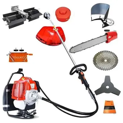 Greenleaf 3 HP 63 CC 2 Stroke Petrol Engine Backpack Brush Cutter with Weeder/Tiller, Chainsaw and Blade Attachments, BP-GX-63TA