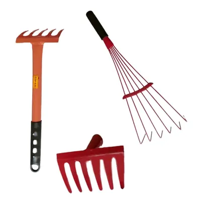 Unison 5 Teeth Baby Rake & 6 Tines Baby Leaf Rake with Handle, 6 Teeth Garden Rake without Handle- Set of 3 Pcs