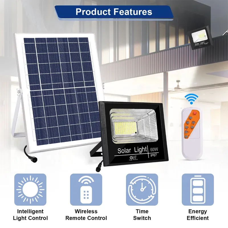 Giga Watts 60 W Solar Rechargeable Flood Light with 12 W Panel & Remote Cool White Lights for Outdoor Garden Lawn Camping