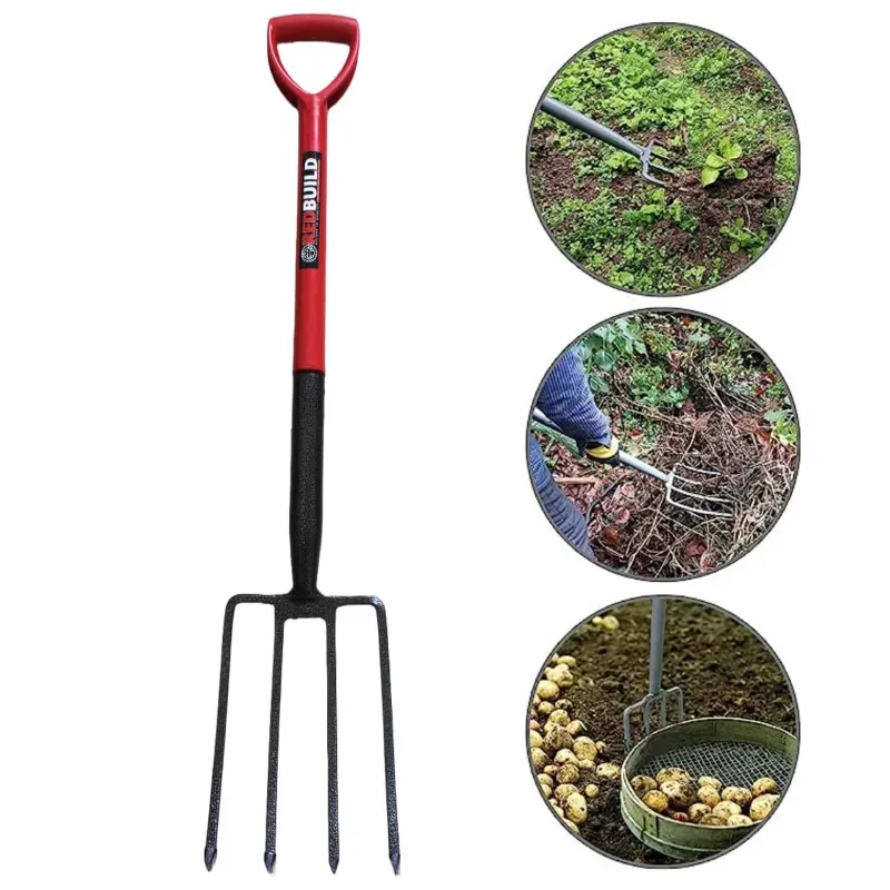 REDBUILD Heavy Duty Digging Fork with 40-Inch Long Handle Strong Garden Tool for Soil Turning & Aerating