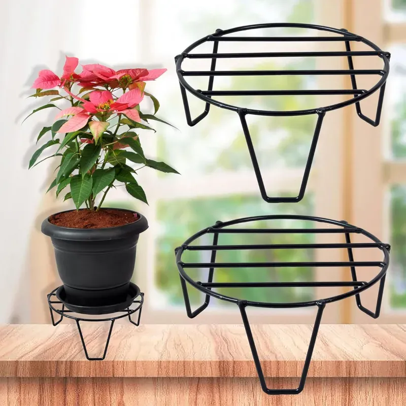 Heavy Duty Black Round Plant Stand, Galvanised Metal Gamla Support Rack, For Home, Garden & Balcony Decoration (Pack-Pack of 2)