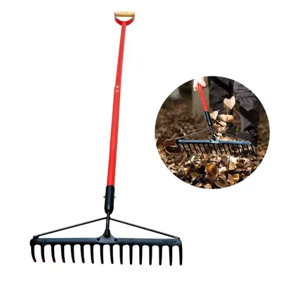 Heavy Duty 15 Inch, 16 Tines Metal Leaf Rake for Small Garden with Adjustable Handle