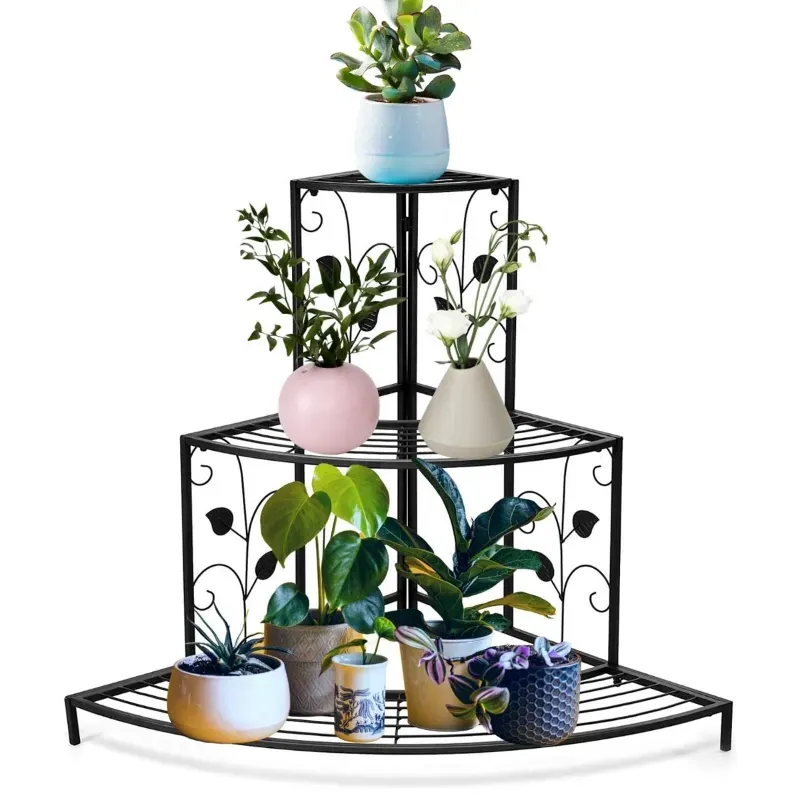 Ecofynd Zen Corner Plant Stands for Balcony, Living Room- 3 Tier Home Decor Item (Black)