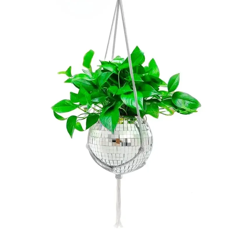 Ecofynd 6 Inch Hanging Disco Ball Planter and White Cotton Macrame Plant Hanger for Home Décor (POT030)