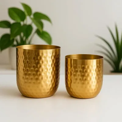 Ecofynd Ivara Metal Flower Plant Pots For Home Garden Living Room Bedroom Interior (Gold Finish, POT045)