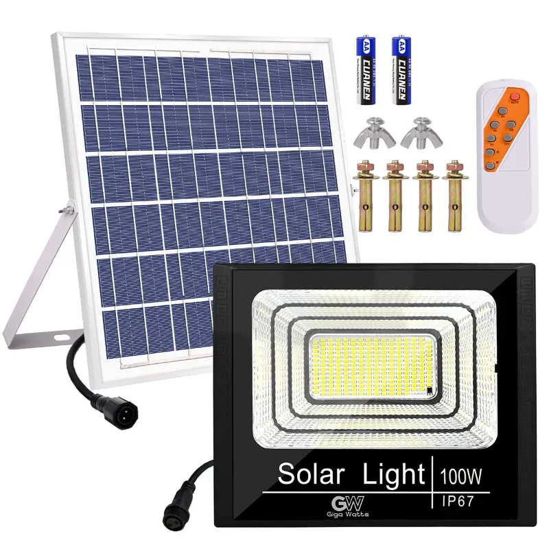 Giga Watts 100 W Solar Flood Light with 15 W Panel & Remote Control Rechargeable 6 V Cool White Lights for Garden Lawn Camping And Outdoor Usage