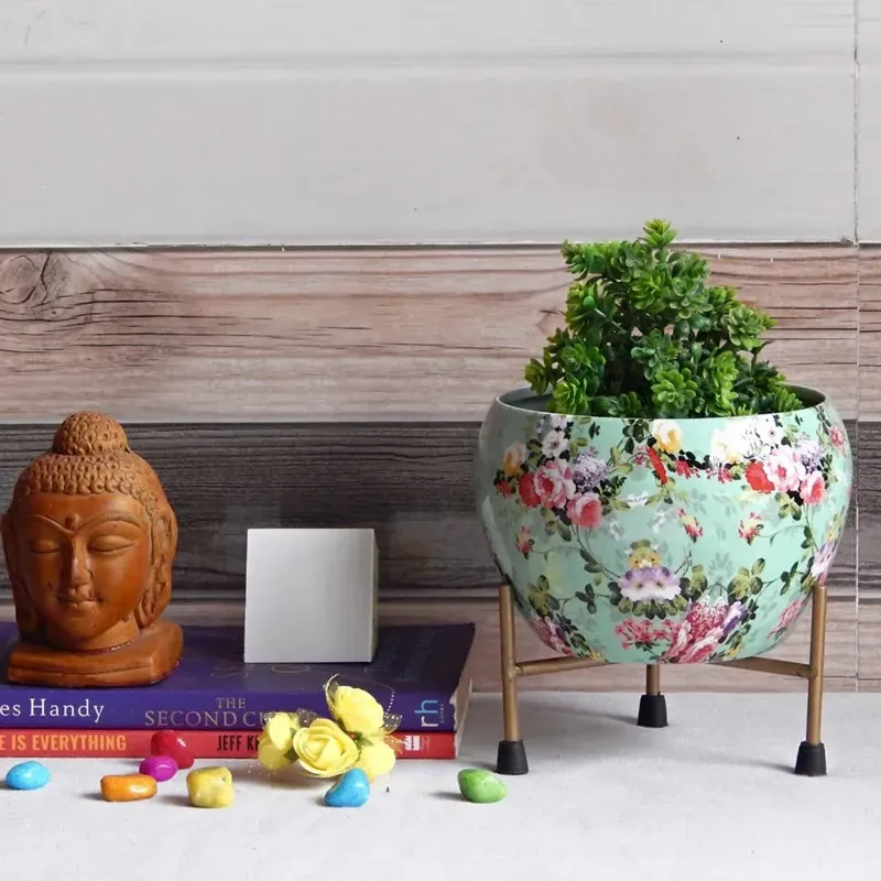 Ecofynd High-quality, Multicoloured, Floral Print Metal Planter Pot for Home Decor
