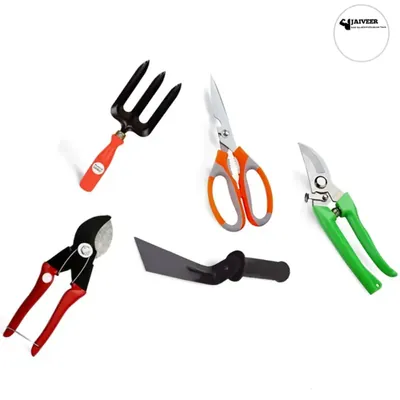 Jaiveer Garden Tools Set of a German Pruner, Double Cut Pruner, Garden Fork, Khurpi and a Scissor, Used for Gardening