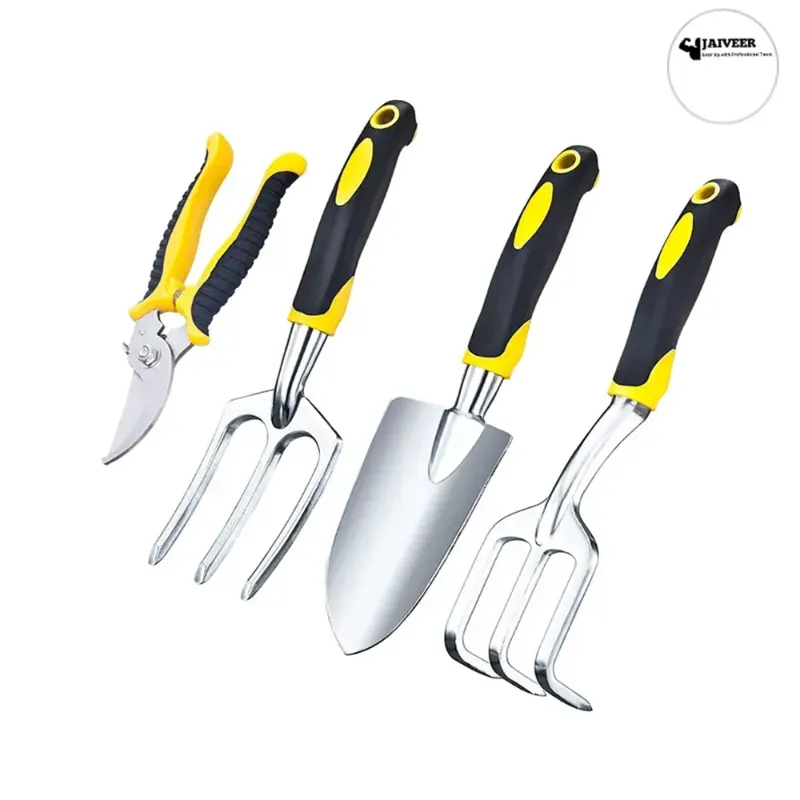 Jaiveer 4 Garden Tools Set, Hand Rake, Trowel, Garden Fork and Pruning shears, Used for Effective Gardening