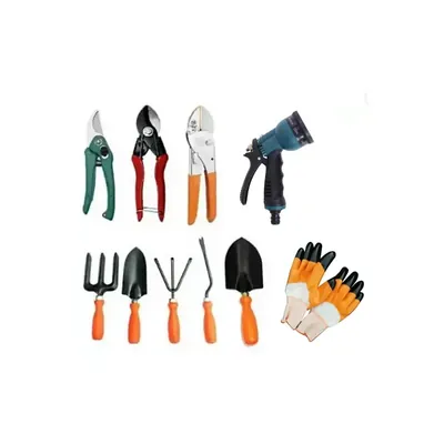 AGT Garden Tools Combo Kit of a Pruner, Double-Cut & Roll-Cut Cutter, 5 pc Trowel Set, Spray Gun and Gardening Gloves