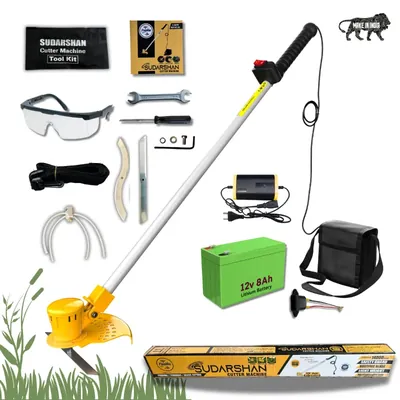 Farmio Grass Cutting Machine with 12 V Lithium Battery, Dual Blade & Nylon Trimmer for Lawn Grass Cutting
