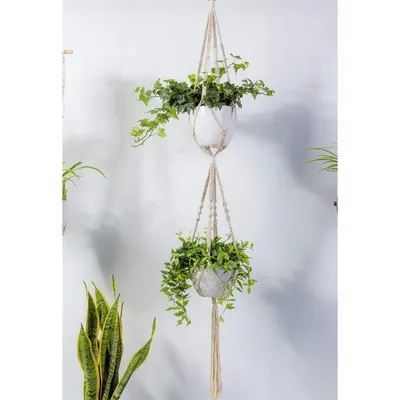 Ecofynd Handwoven Cotton Macrame Hanging Planter for Stylish Home (Pack of 2)