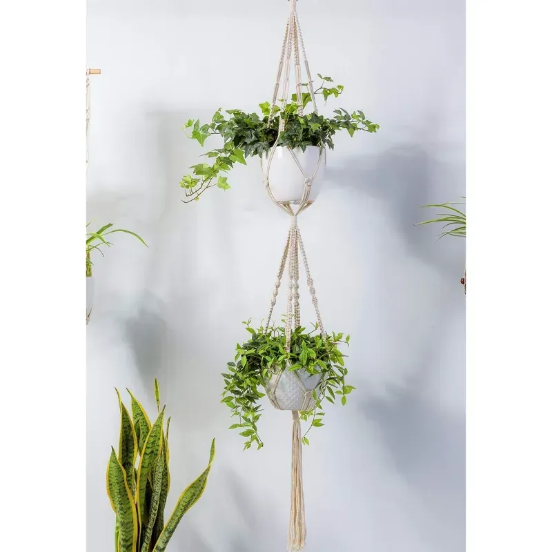 Ecofynd Handwoven Cotton Macrame Hanging Planter for Stylish Home (Pack of 2)