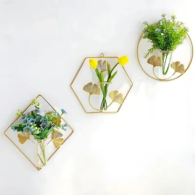Ecofynd Wall Decor Hanging Flower Vase, Metal Holders for Plants, Pack of 3 (HVASE004-GO-103)