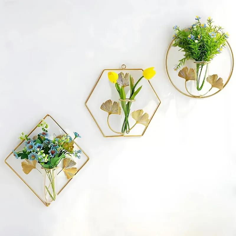 Ecofynd Wall Decor Hanging Flower Vase, Metal Holders for Plants, Pack of 3 (HVASE004-GO-103)