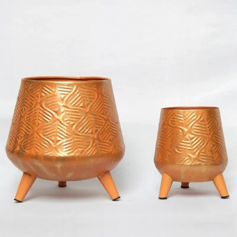 Ecofynd Hazel Metal Planter Pot with Stand Home Decor Item for Balcony and Living Room (Pack of 2) (Color Melon Orange)