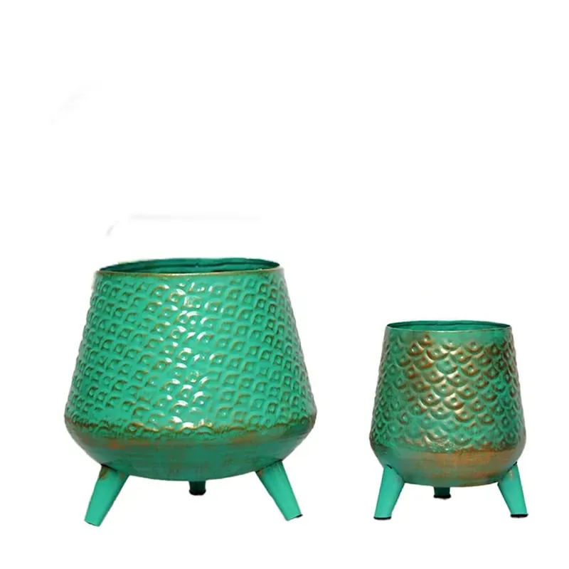 Ecofynd Hazel Metal Planter Pot with Stand, Home Decor Item for Balcony, Living Room (Turquoise) (Pack of 2)