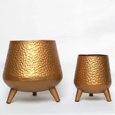 Ecofynd Hazel Metal Planter Pot with Stand Home Decor Item for Balcony and Living Room (Pack of 2) (Color Dijon Gold)