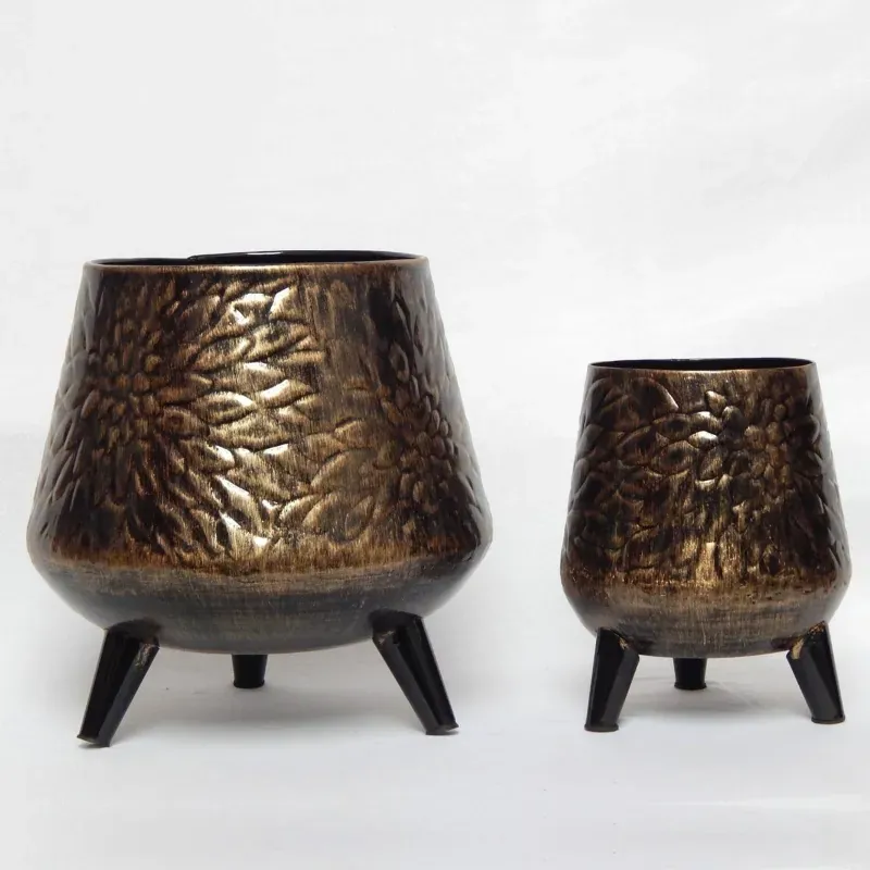 Ecofynd Hazel Metal Planter Pots with Stands, Home Decor Item for Balcony, Living Room (Coffee Color) (Pack of 2)