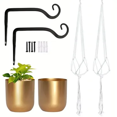 Ecofynd Combo of 2 Round Metal Planter, 2 Wall Hook Plant Bracket, 2 Cotton Boho Pot Hanging (COM009)
