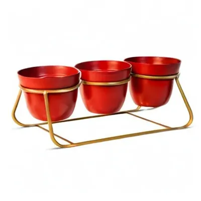 Set of 3 Metal Flower Planter Pots with Single Iron Stand, Used for Home Decoration Purpose
