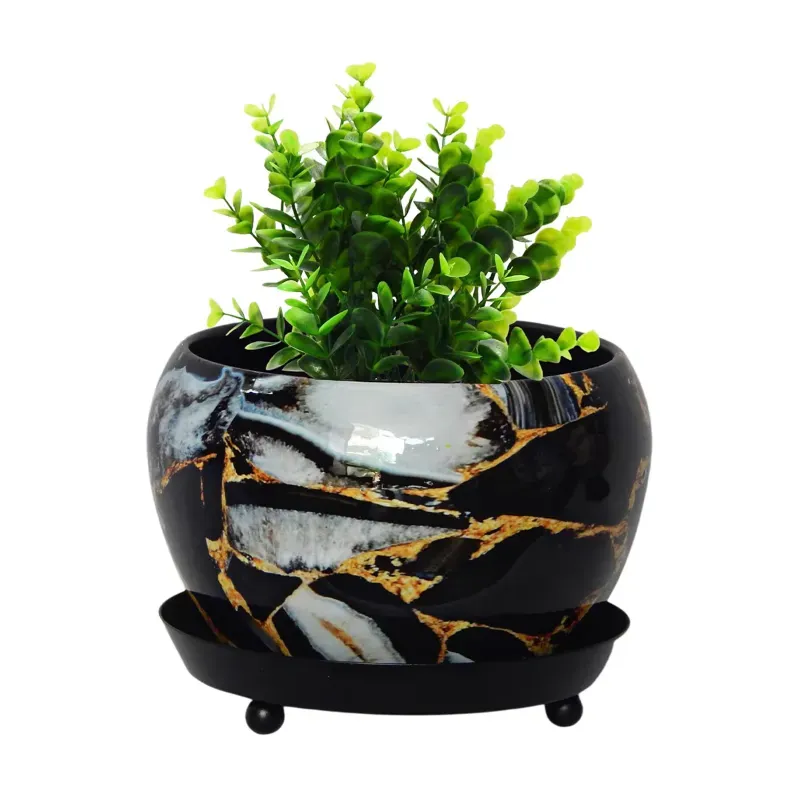 Ecofynd Lio Black & White Printed Metal Planter Pot, Modern Style Planter Set for Indoor Outdoor Home Decor