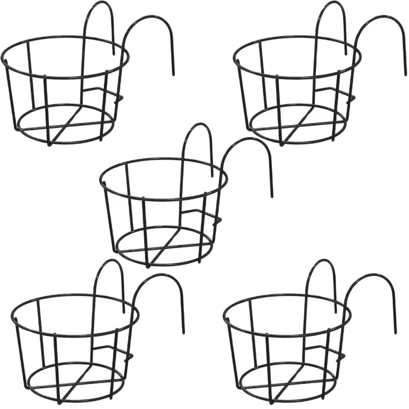 Ecofynd Round Metal Hanging Flower Pot Stand, Railing Planters for Balcony Decoration-Black, Pack of 5 (PS028-BLK-105)