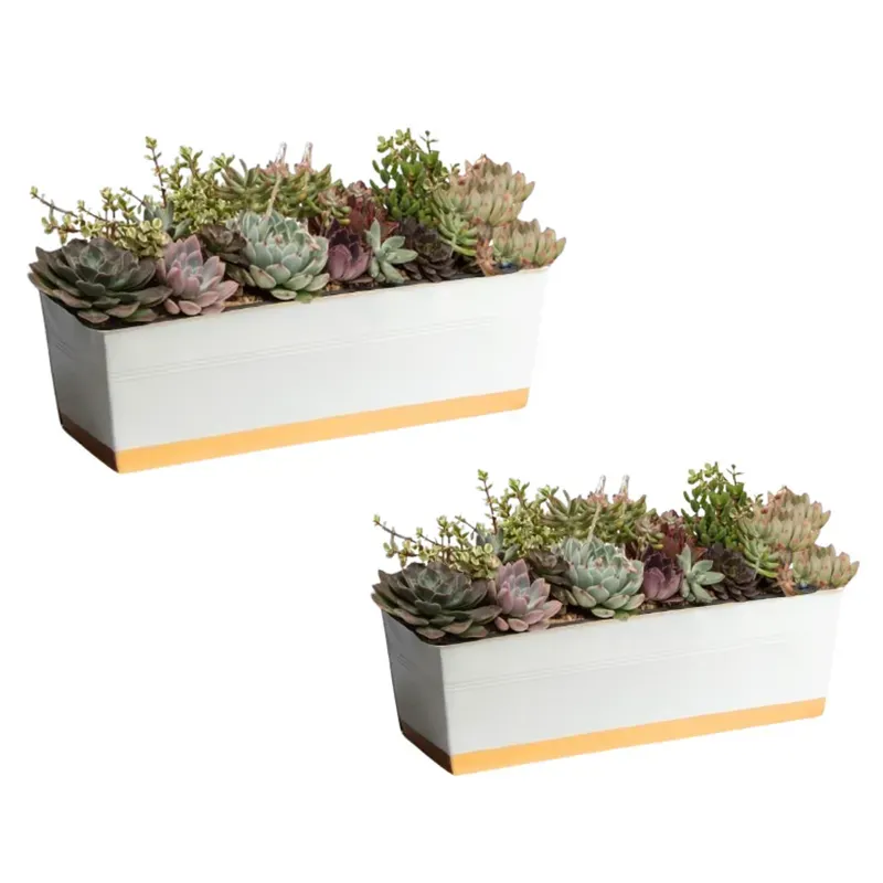 Ecofynd 16 Inch Rectangular Metal Planter Pots, White, Pack of 2 (POT042-WHT)