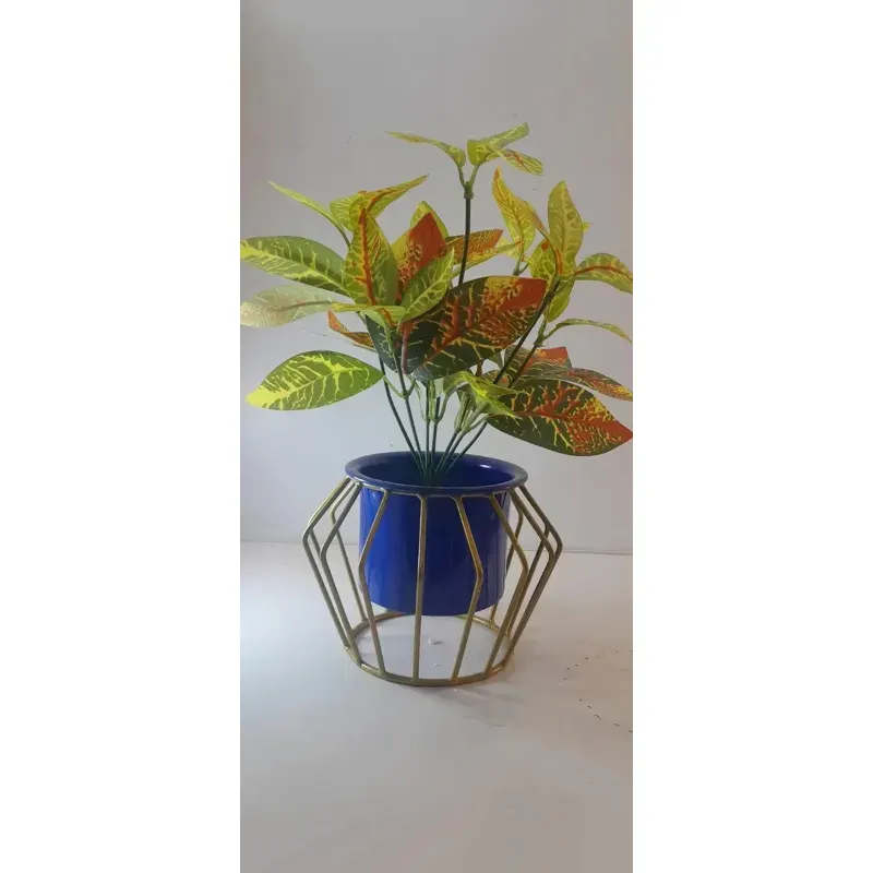 Designer Metallic Gold Metal Stand with Planter Pot for Balcony & Home Decoration, Height 12 cm