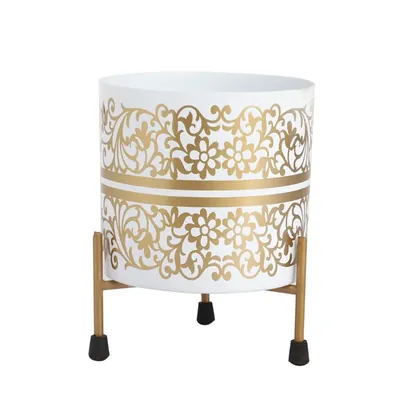 5 Inch Modern Style Golden White Metal Planter Pot with Stand for Garden and Home Decor