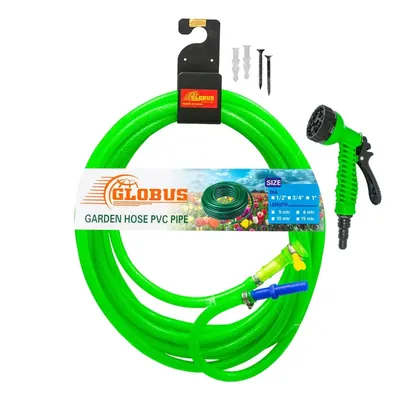 Globus 1002-Steel Hose Hanger, 5 m Transparent Nylon Hose & Adapter/ 2Clip/ 1Butterfly Clip/ 2 Screw/ 2 Socket & Water Spray Gun
