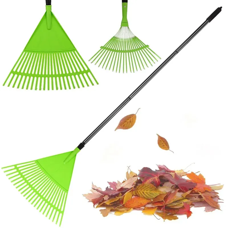 OUTO Telescopic Rake Set Adjustable Garden Broom (46 to 61 Inch) Long Handle with 3 Heads for Lawn Yard Leaf Cleaner