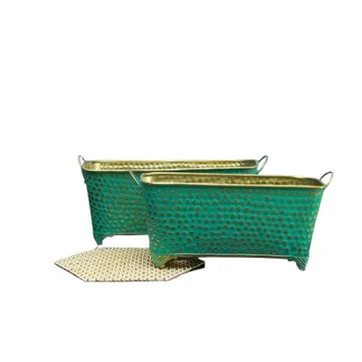 Set of 2 Metal Planter Pots of 8 Inch and 9 Inch, Oval Pots with Dotted Designs for Home Decor