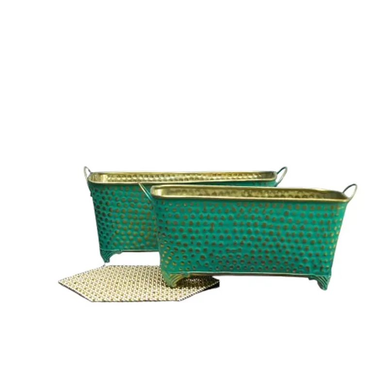 Set of 2 Metal Planter Pots of 8 Inch and 9 Inch, Oval Pots with Dotted Designs for Home Decor