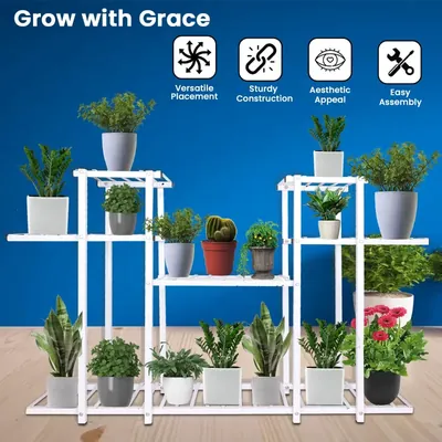 Heavy Duty 4-Tier Metal Pots Stand, Elegant & Decorative Floor-Mounted Plant Holder, Rust Free For Indoor & Outdoor (Color-White)