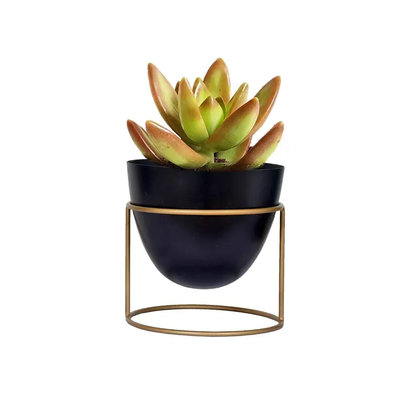 Ecofynd 6 Inch Black Metal Planter Pot with Stand, Used for Indoor Home & Garden Decoration