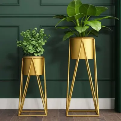 Elated Gold Flower Pot with Stand Set of Tall & Short Iron Planter Holder Plant Container (Pack of 2, Metal)