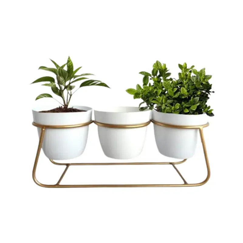Ecofynd 5 Inch White Metal Planter 3 Pot Set with Stand Modern Style Planter Set for Home Decoration