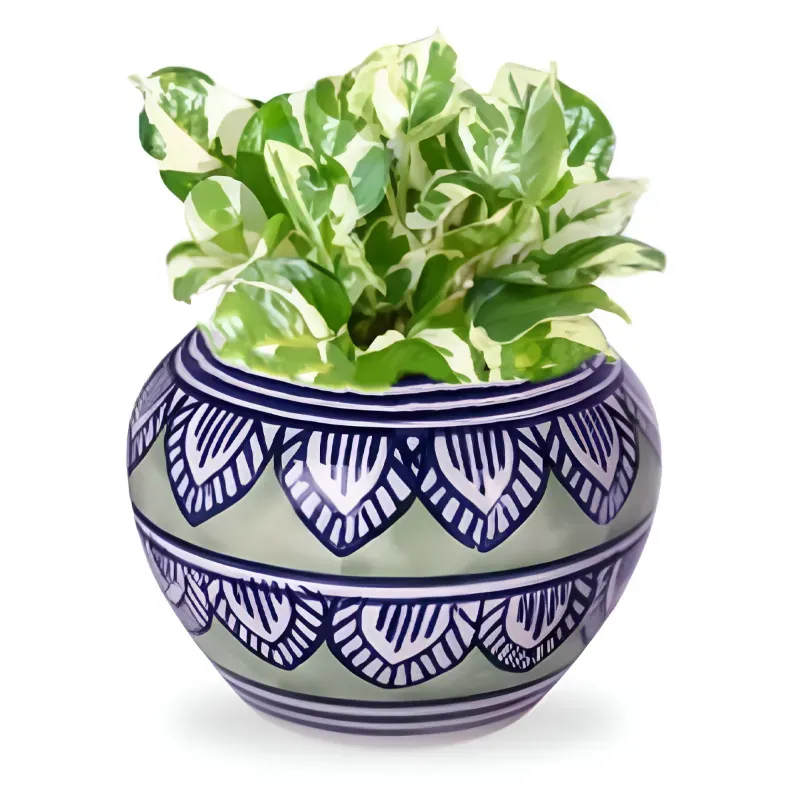 Ecofynd Designer Ceramic Planter Pot with Printed Leaf-like Motifs, Used for Home and Garden Decoration