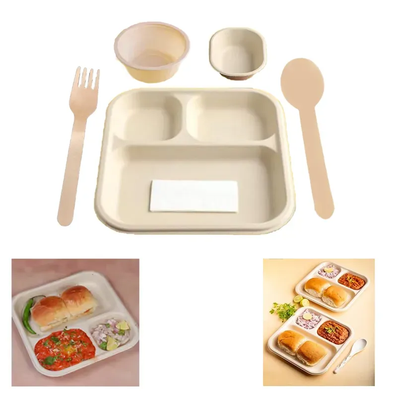 POCHEON 3 Compartment Rectangular Plate, 180 & 250 ml Bowls, Spoons, Forks and Napkin (Pack of 25)